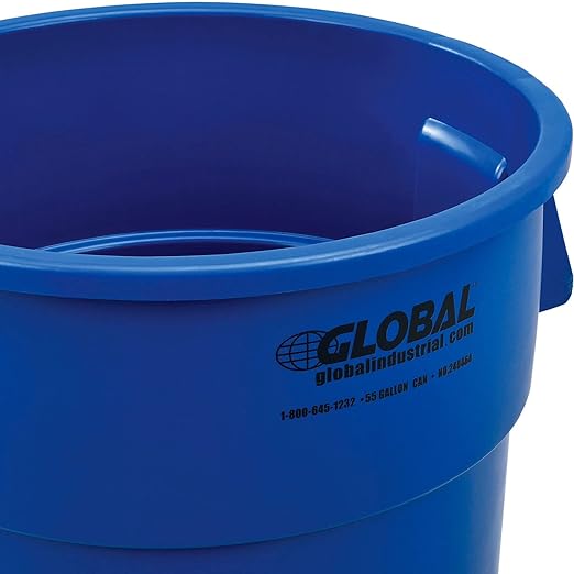 Global Industrial Commercial Round Trash Can 55 Gallon Capacity Plastic Garbage Can Indoor and Outdoor Utility Trash Can Blue 26-1/4W x 33-1/8H No Lid