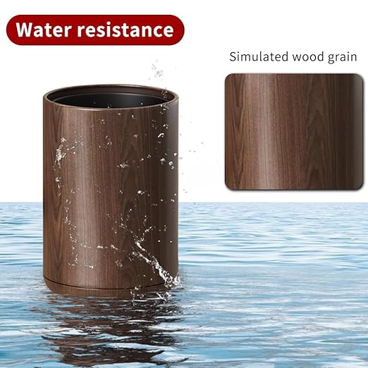 8L/2.1GAL Dark Brown Modern Metal Waste Bin with Realistic Wood TextureBuilt-in Bag HolderOffice Trash CanOpen-Top Trash Binfor BathroomHomeOfficeLiving Room (2.1gal Round)