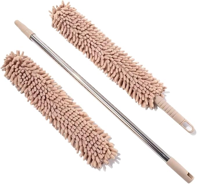 Extendable Pole Microfiber DusterHand Washable Dusters with 2pcs Replaceable HeadHousehold Sweeping Cleaning Dusting for Cleaning Car Window Furniture OfficeCeiling Fan ﻿(Brown)
