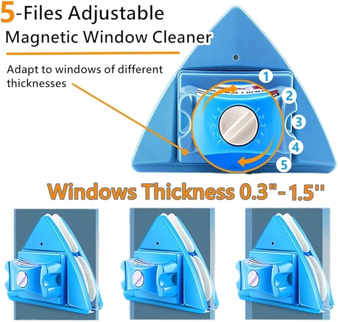 Double-Sided Window Cleaner Glass Wiper Magnetic Cleaning Tools 4-Gears Adjustable Magnetic Glider Washing Brush Tools for High-Rise Double Thick Glazed Windows Thickness 0.3-1.5 (Blue)