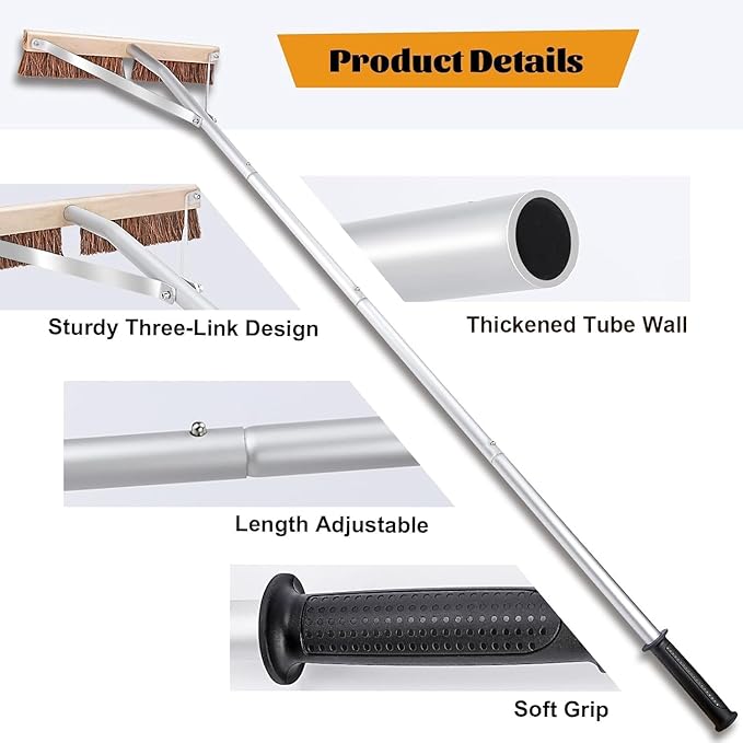 Leaf Roof Brush and Roof Rake 21 Ft Adjustable Length Roof Cleaning Tool Remove Roof Leaves Safely with Natural Brush Head Lightweight Easy to Use &amp Store