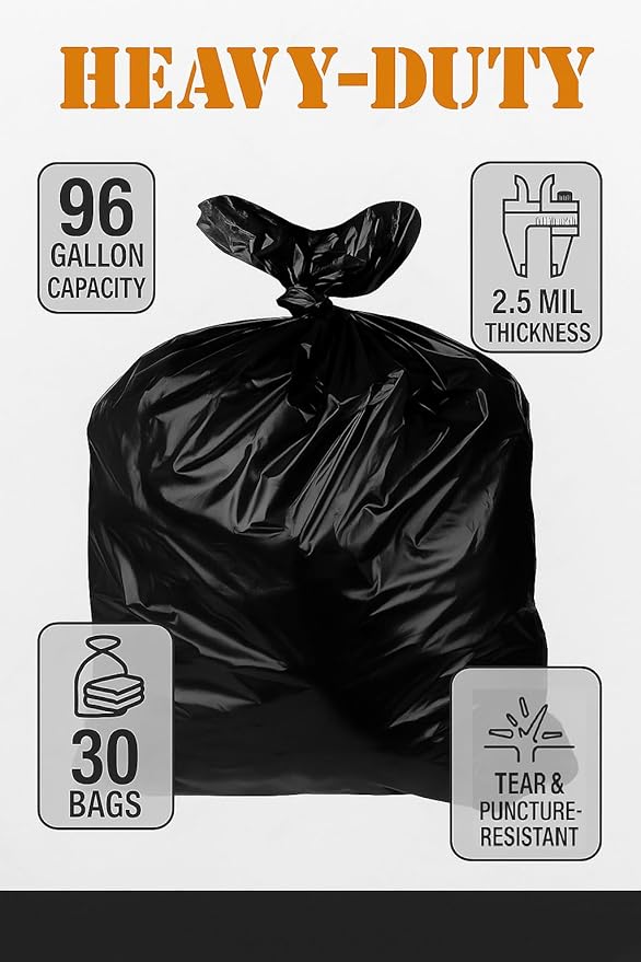 95–96 Gallon Heavy Duty Trash Bags – 30 Count Large Black Garbage Bags for Outdoor Bins Contractor Lawn and Commercial Use – 2.5 Mil Thick Can Liners 61 x 68