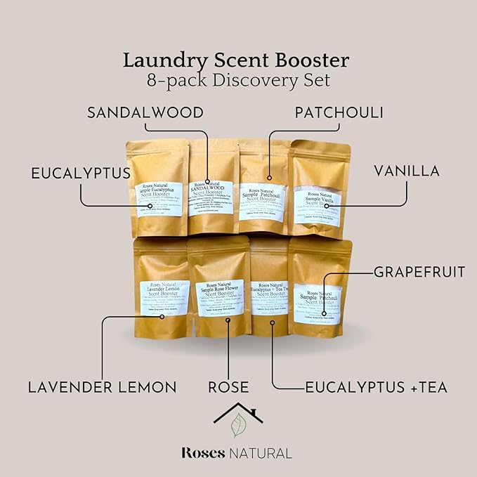 Powder Laundry Scent Booster - Discovery Set Textile Deodorizer Handcrafted Plant-based Ingredients 8 Packs each 4 Oz