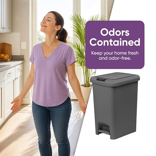 Superio 6.5L Slim Step &amp Push Trash Can - Dual Opening Smooth Matte Finish Durable Plastic (9.5x7x11.5) - Gray