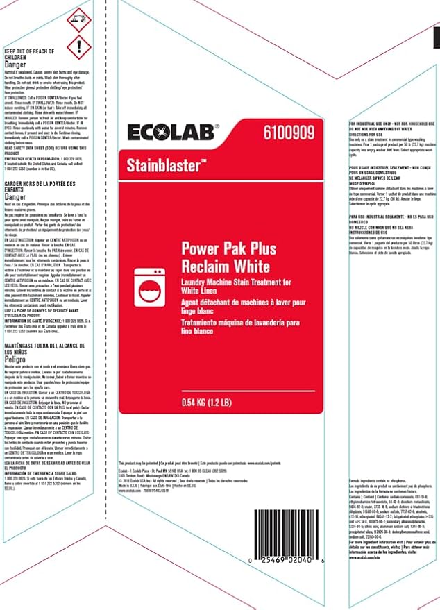 Ecolab Stainblaster Power Pak Plus Reclaim White Linen Laundry Machine Stain Treatment