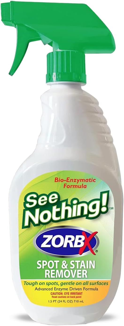 ZORBX See Nothing Spot &amp Stain Remover Spray (24 oz.) - All Purpose Cleaner for Shoes Clothes Furniture &amp Pet bedding - Fast-Acting Scrub-Free Odor &amp Enzyme Stain Remover for Ink Blood