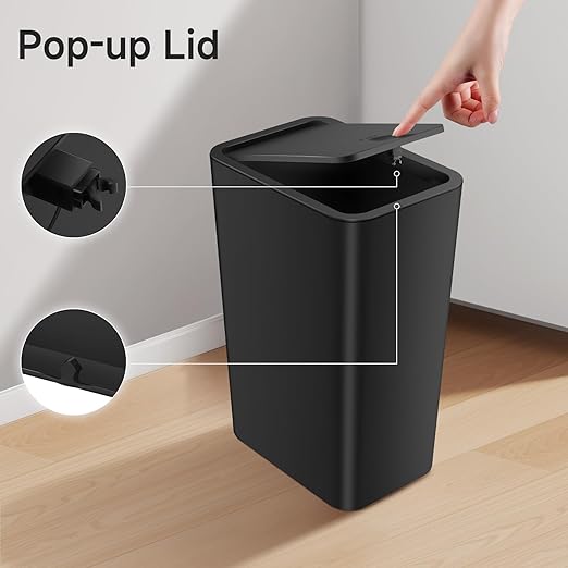 TIPGO Bathroom Trash Can with Lid 4 Gallon / 15 Liter Small Garbage Can Press Top Bin Plastic Wastebasket with Pop-Up Lid for Bedroom Living Room Office (Black)