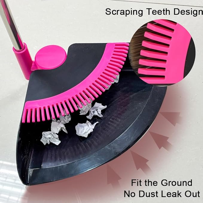 Triangular Indoor Broom and Dustpan Comb Set 180° Rotating Soft Bristle Long Handle Upright Sweeping Angled Broom with Self-Cleaning Teeth for Home Kitchen Office Wood Floor (Black Pink)