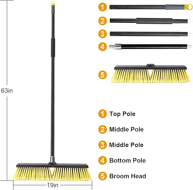 18 Inches Push Broom Outdoor- Heavy Duty Broom with 63 Long Handle for Deck Driveway Garage Yard Patio Concrete Floor Cleaning