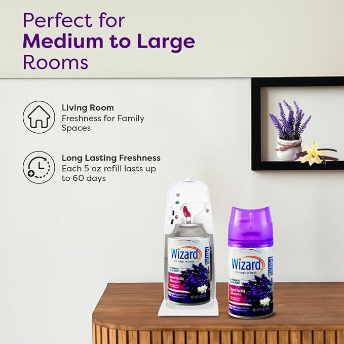 12 WIZARD AUTOMATIC SPRAY REFILLS SWEET VANILLA LAVENDER 5 oz