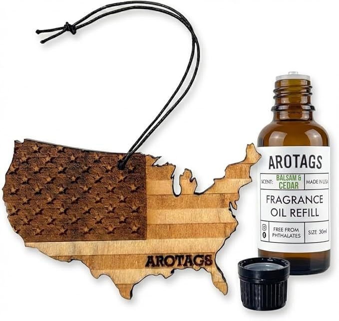 Arotags Reusable Wood Car Air Freshener Balsam Cedar Scent USA Flag Design Hanging Diffuser with Fragrance Oil Refill