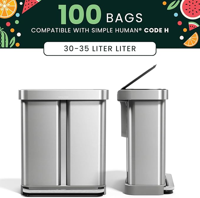Bags for Code H simplehuman Garbage Cans | Extra Thick Trash Liner with 30-35 Liter Capacity and Folded Drawstring |100 Unscented Bags