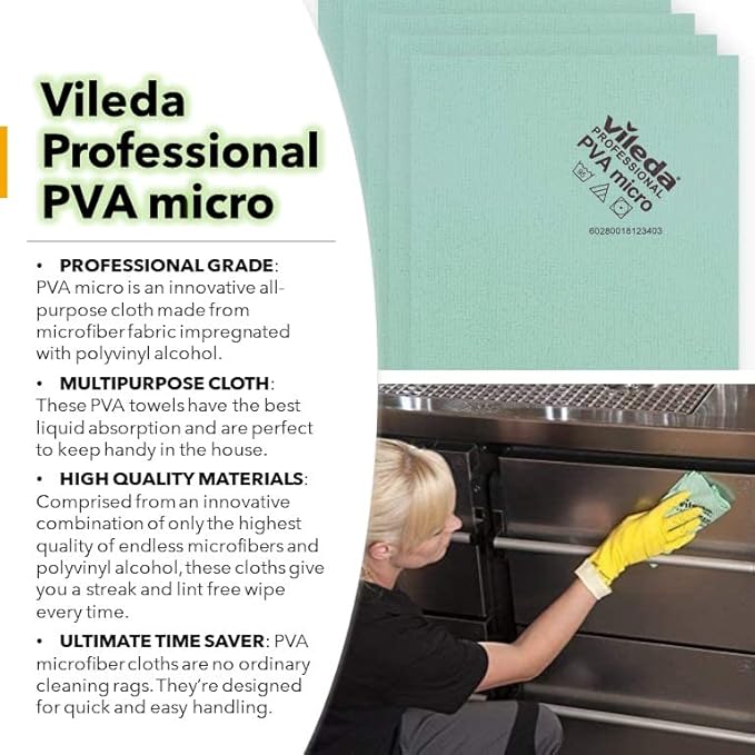 Vileda Professional | PVA Microfiber Green | All Purpose Cleaning Shammy | Shiny Streak Free Results | Synthetic Chamois Towel | Smooth &amp Absorbent Materials | 5 Pack