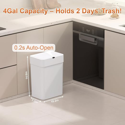 Gallon Motion Sensor Bathroom Trash Can with Lid Automatic Garbage Bin for Bathroom Slim Plastic Narrow Bedroom Trash Bin Garbage Can 15L