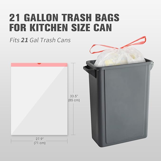 21 Gallon Kitchen Trash Bags with Drawstring Fit 20-21 Gal Large Garbage Bags - 28 x 33.5 (Clear White) Heavy Duty Plastic Trash Liners for Kitchen Lawn Yard Office Commercial (105 Count)