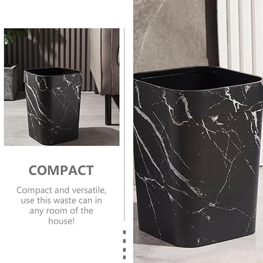 Marble Pattern Square Wastebasket 12L Plastic Garbage Bin with Lid Black Bathroom Trash Can for Residential and Hospitality Use