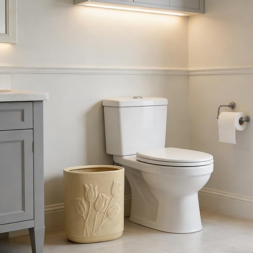 Beige Ceramic Tulips Small Bathroom Trash Can 2.6 Gal (10 Liter) - Heavy &amp Decorative Garbage Bin for Bathroom Kitchen Office Bedroom &amp Living Room Corner