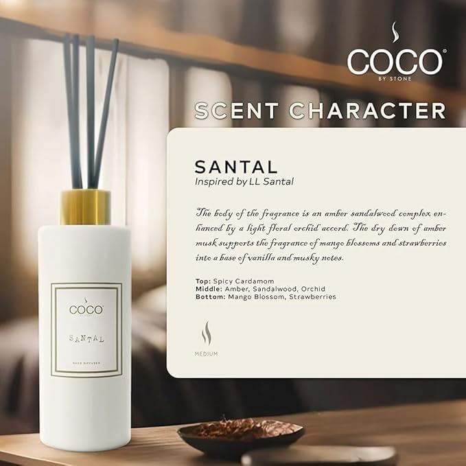 COCO by Stone 5oz Reed Diffuser (Santal) – Luxury Scented Oil Diffuser for Home Aromatherapy Long-Lasting Vegan Fragrance Elegant Home Décor and Air Freshener