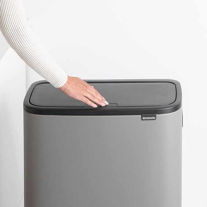 Brabantia Bo Hi Touch Top Kitchen Trash Can with Single Compartment &amp Raised Legs | Mineral Concrete Gray | 16 Gal Inner Bucket | Soft-Close Light Touch Opening Stay-Open Lid | + Trash Bags
