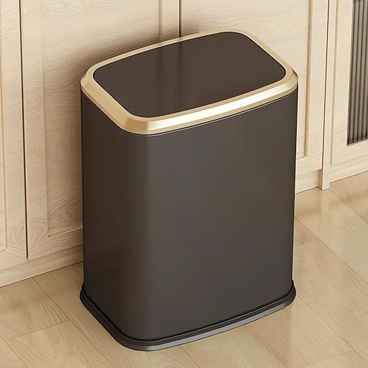 2 Gallon Small Office Bathroom Trash Can with Swing LidLiving Room Bedroom Garbage can Wastebasket binInner Bucket Metal Decor Trash Can (Black Gold)