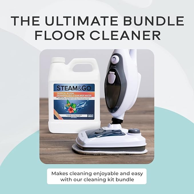 Steam &amp Go - The Housekeeper Steam Cleaner For Floors &amp Demineralized Water Bundle 10-in-1 Hard Floor Cleaner Machine &amp Grout Steam Cleaner with Floor Cleaning Solution 32 oz Tropical B