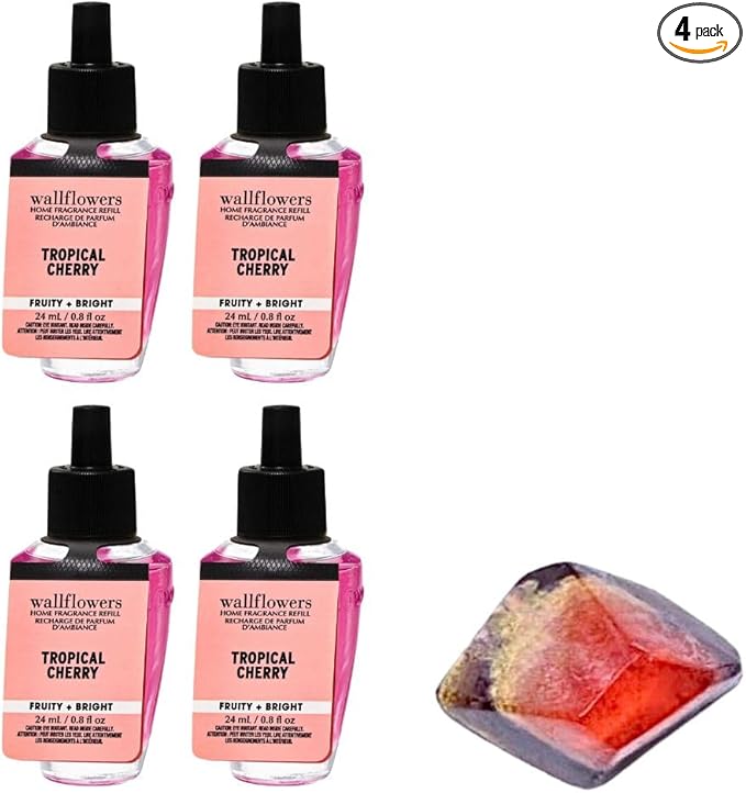 TROPICAL CHERRY - White BarnBath/Body Works - 4 Pack Wallflowers Home Fragrance Refills 0.8 fl oz / 24 mL and Stone Soap Natural