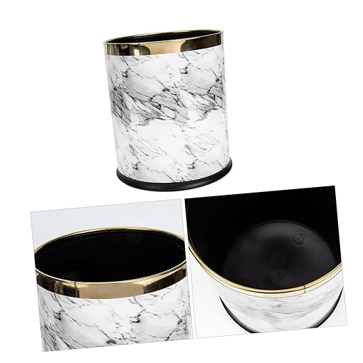 Marbling Plastic Wastebasket Lidless Trash Bin with Non Slip Base for Office Home Bathroom Bedroom Kitchen Round Decorative Garbage Basket for Spaces