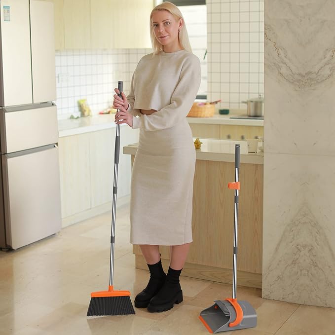 Broom and Dustpan Set for Home Broom and Dustpan Combo for Office Long Handle Broom with Upright Standing Dust panIndoor&ampOutdoor Sweeping (Gray&ampOrange)