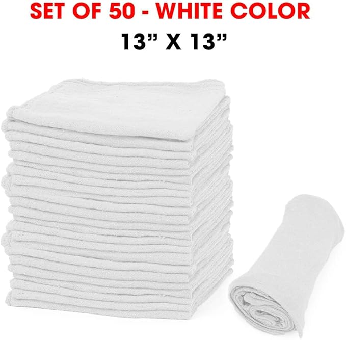 Shop Towels – Pack of 50 Reusable Cleaning Rags – Durable Quality Cotton – 13 x 13– Machine Washable – Suitable for All Purposes (White)