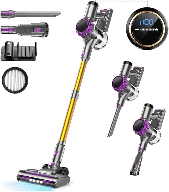 S3P Cordless Vacuum Cleaner 45kPa Powerful Suction Vacuum Cleaners for Home 55-Min Runtime Rechargeable Stick Vacuum Self-Standing for Pet Hair Carpet Hard Floor LED Display