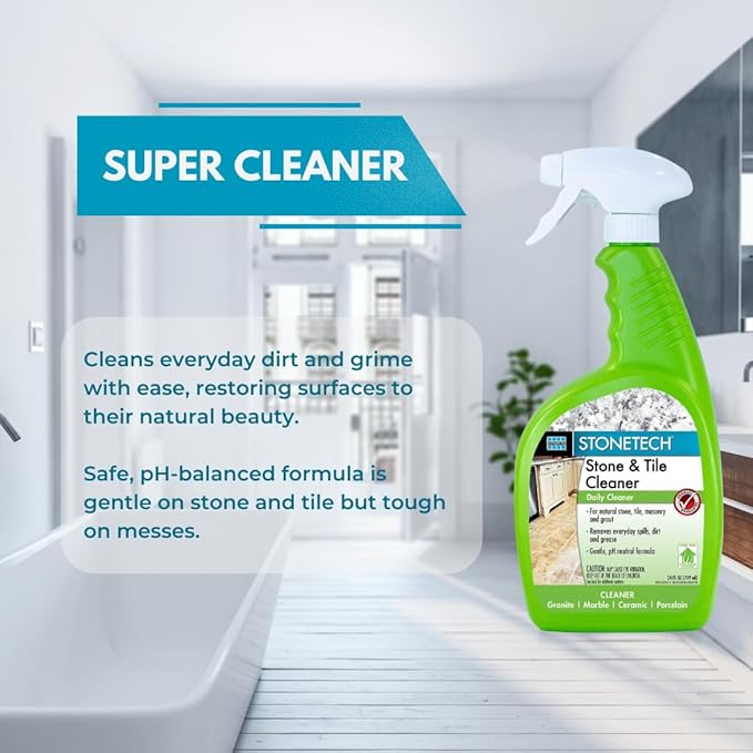 StoneTech Stone &amp Tile Cleaner Spray – Daily Cleaner for Granite Marble Ceramic Porcelain &amp Stone – Removes Spills Dirt &amp Grease – pH Neutral - 2-Pack 24oz each + 2 Microfiber Cloths