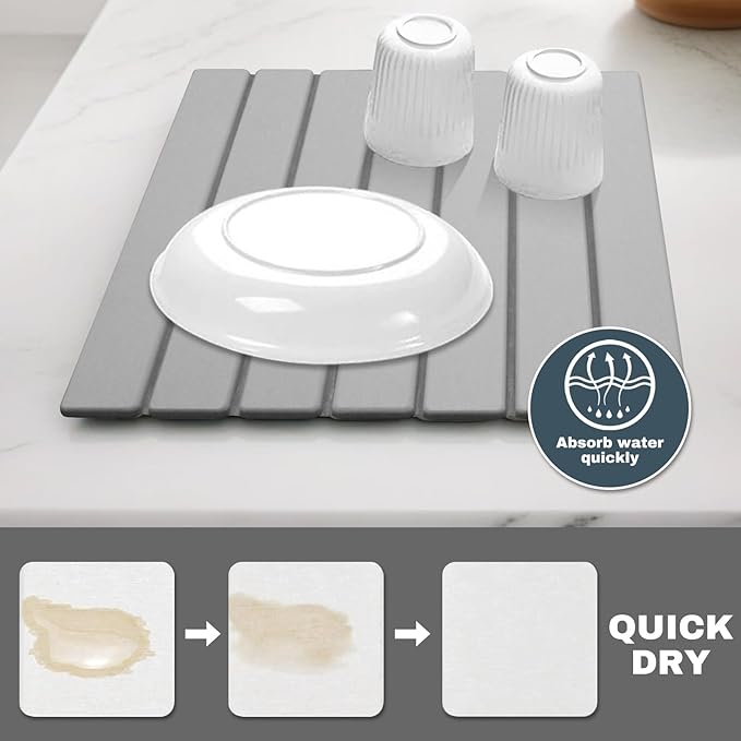 AIFLM Large Stone Dish Drying Mats for Kitchen Counter  Quick Dry Absorbent Collapsible Dish Drying Mat 24”(L)x16”(W) Diatomaceous Earth Mats for Dishes Bottles CupsMatch Any Countertop