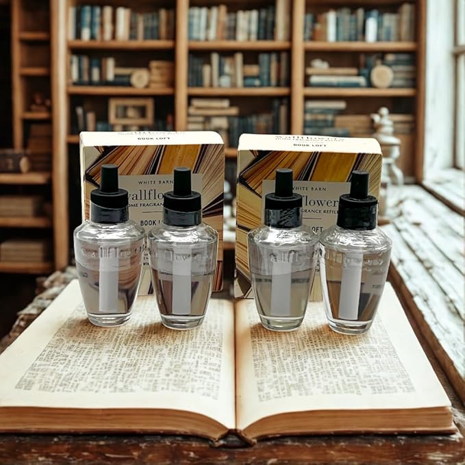 Bath &amp Body Works Book LOFT Wallflowers Refills 4-Pack – Warm &amp Woodsy Scent – Gift Set with 30-Inch Champagne Gold Linen Ribbon – 2 Bulbs per Box (0.8 fl oz Each)