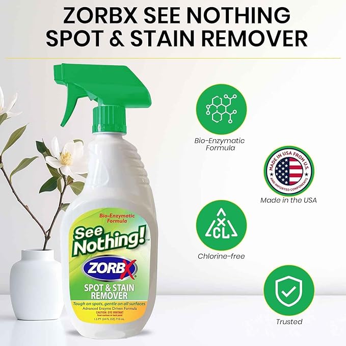 ZORBX See Nothing Spot &amp Stain Remover Spray (24 oz.) - All Purpose Cleaner for Shoes Clothes Furniture &amp Pet bedding - Fast-Acting Scrub-Free Odor &amp Enzyme Stain Remover for Ink Blood