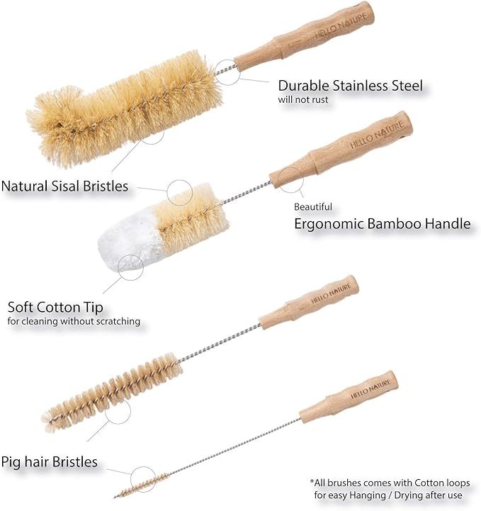 4 Pcs Bamboo Bottle Brush Set by HELLO NATURE – Long Handle Cleaning Brushes for Water Bottles Baby Bottles &amp Glassware Sustainable &amp Plastic-Free
