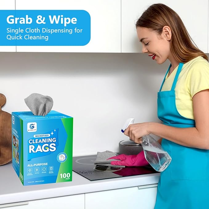 GLIMGLINT Cleaning Rags 100 Pack Microfiber Cleaning Cloth Lint-Free Ultra Absorbent Reusable Paper Towels for Home Kitchen Car Garage or Shop Dish Rags 11 x 9 Grey