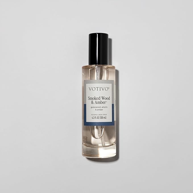 Votivo Smoked Wood &amp Amber 4.3 oz Room &amp Linen Spray | Woody Scented Air Freshener for Linens &amp Living Areas | Premium Long Lasting Fragrance