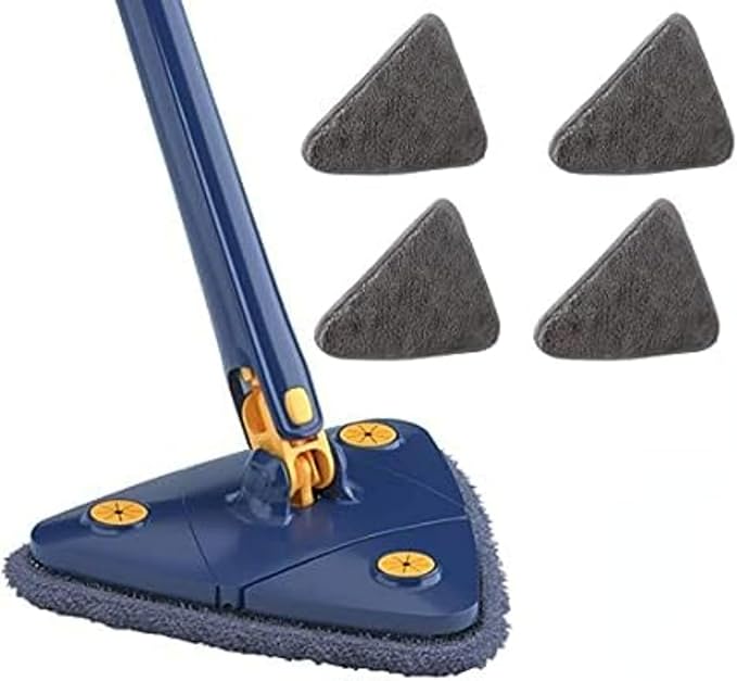Générique 360° Adjustable Rotating Cleaning Mop Triangular Mop with Compressed Water Automatic Cleaning for Kitchen Walls Ceiling Corners (Blue + 4 Fabric) Small BP240527001