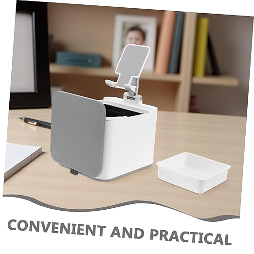Trash Can with Phone Holder Mini Desktop Garbage Bin for Office Bedroom Kitchen and Travel Versatile and Portable Wastebasket for Compact Storage