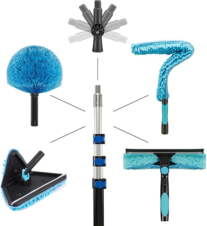 25 Foot Painted Wall Cleaner Mop with 18 Ft Heavy Duty Extension Pole 3-in-1 High Ceiling Cleaning Tool with 4 Microfiber Chenille Pad Cobweb Duster Fan Baseboard Window Squeegee Kit (18ft)