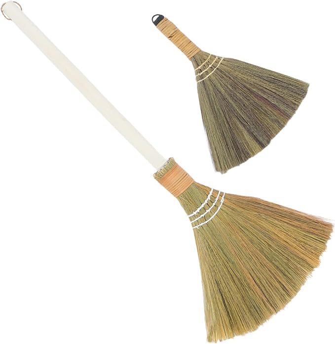MERRYHAPY 2pcs Indoor Straw Broom Soft Bristle Cleaning Broom Detachable Handle Handwoven Grass for Home Dusting