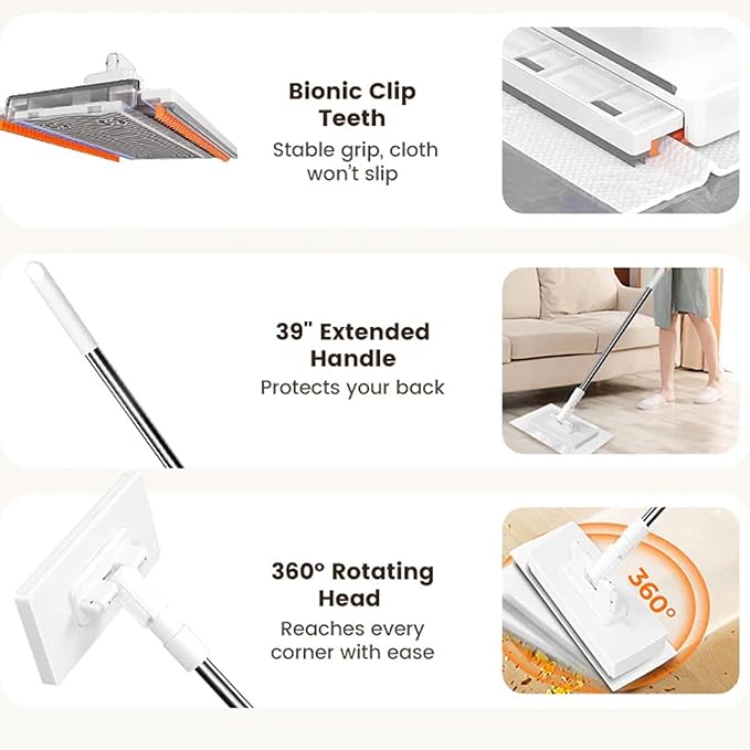 Snap Grip Mini Mop Lazy Mops with One-Click Cloth Change Locking Head with Sweeping Cloths for Wet &amp Dry Cleaning Long Handle Stick for Multi-Surface Cleaning(White 2 mop 10 Cloth)