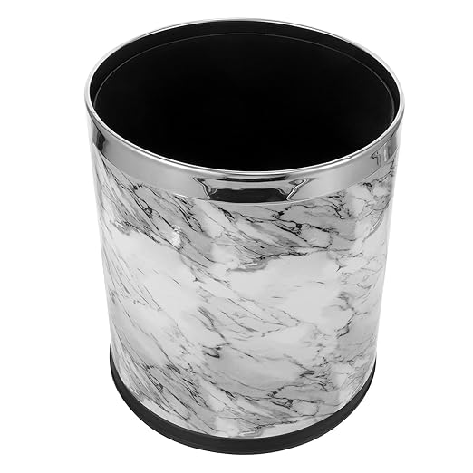 Marble Pattern Trash Can 10L Metallic Rim Garbage Container Bathroom Wastebasket for Home Office Bedroom Kitchen