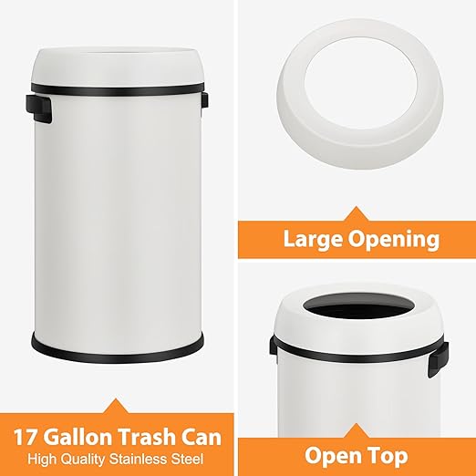 GarveeHome 17 gal/65 L Open Top Trash Can Stainless Steel Rubbish Bin Commercial Grade Waste Container Round Garbage Can for Outdoor Home Office Restaurant White