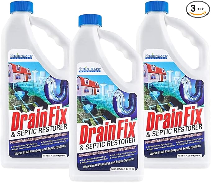 Drainfix &amp Septic Restorer 32 Oz Septic Tank Treatment | Drainfield Treatment | Septic Safe Drain Cleaner | Enzyme Drain Cleaner | Septic Cleaner | Exxon Valdez Patented - 3 Pack