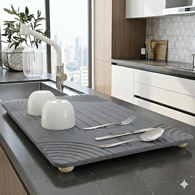 Large Diatomaceous Earth Stone Dish Drying Mat - 24 x 16 Quick Dry Non-Slip Food Grade Fast Absorbent Quartz-Enhanced Rapid Water Absorbing Countertop Mat For Dish Rack
