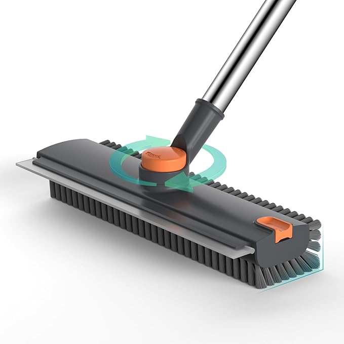 Floor Scrub Brush with Long Handle Length Adjustable 3 in 1 Heavy-Duty Stiff 90° Bristle Floor Scrubber Broom with Squeegee Cleaning Brush for Bathroom Garage Kitchen Tile Deck &amp Patio (Gray