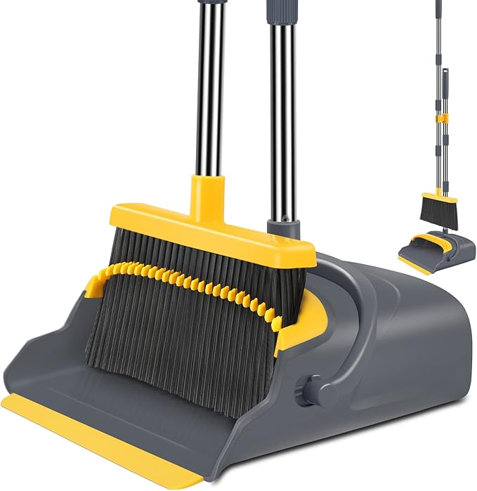 kelamayi Upgrade Broom and Dustpan Set Broom with Dustpan Combo Set Self-Cleaning with Dustpan Teeth Indoor&ampOutdoor Sweeping Stand Up Broom and Dustpan (Gray&ampYellow)