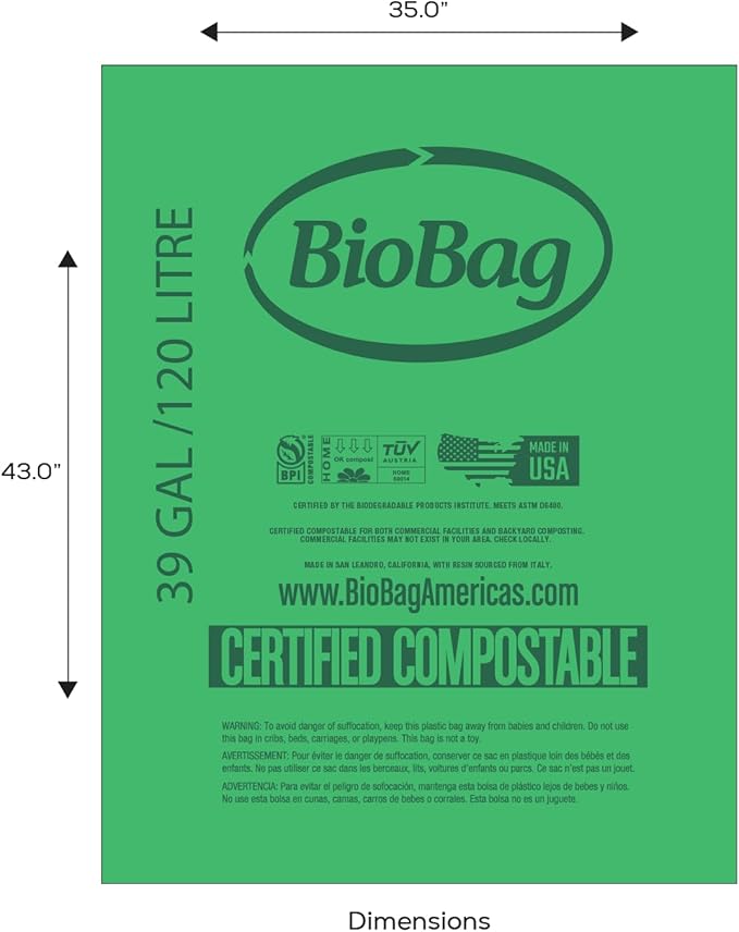 BioBag (USA) The Original Compostable Bag 39 Gallon 120 Count 100% Certified Compostable Trash Bag Liners for Food Waste Extra Strong and Durable Trash Bag