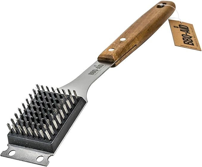 BBQ-Aid Grill Brush and Scraper for Barbecue – Grill Brush for Outdoor Grill with Extended Large Wooden Handle and Replaceable Stainless Steel Bristles Head –No Scratch- BBQ Grill Brush for Any Grill